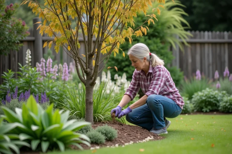 Femme jardinant près d'un salix integra Hakuro Nishiki