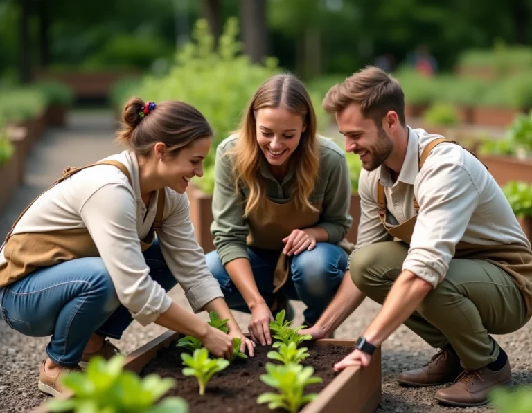 Groupe d'adultes pratiquant le jardinage écoresponsable dans un potager urbain partagé