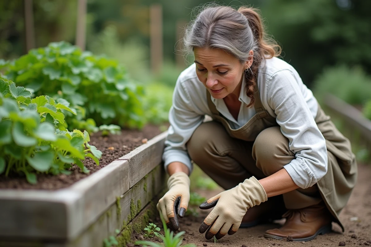 Femme jardinière en gants observant des crottes de couleuvre sur le rebord en pierre de son potager