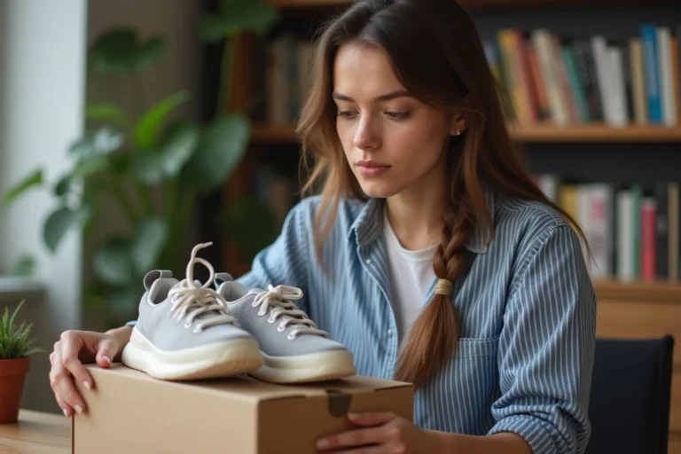 Jeune femme regarde des sneakers dans un appartement moderne