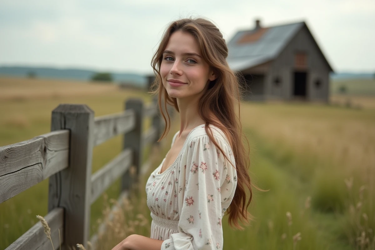 Jeune femme en prairie avec ferme en arrière-plan