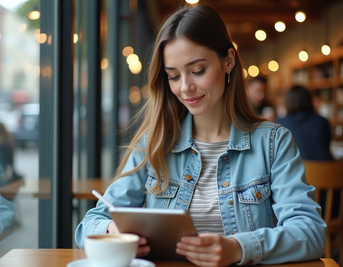 Jeune femme envoyant un document scolaire sur Pronote depuis une tablette dans un café