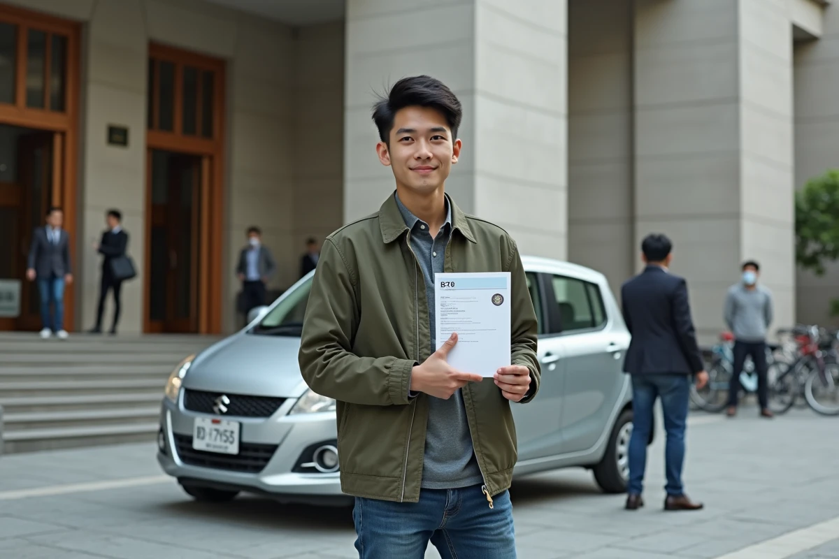 Jeune homme avec attestation et voiture en ville