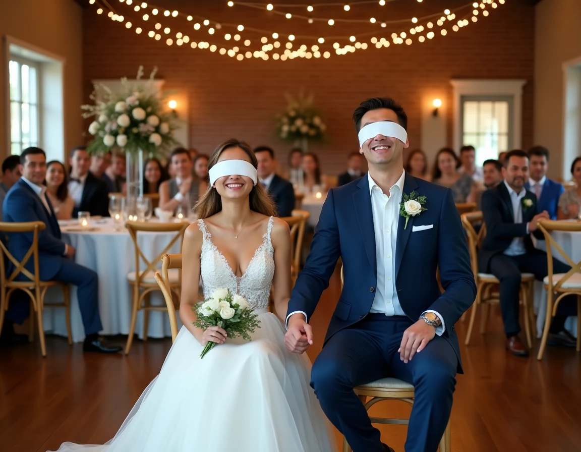 Couple de mariés les yeux bandés jouant à un jeu d'animation lors de la réception, entourés de leurs invités hilares dans une salle de mariage décorée