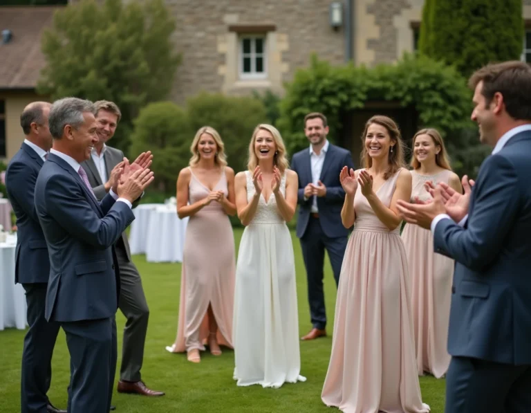Groupe d'invités de mariage jouant à un jeu en plein air dans le jardin d'un domaine, riant et applaudissant lors d'une animation pour briser la glace