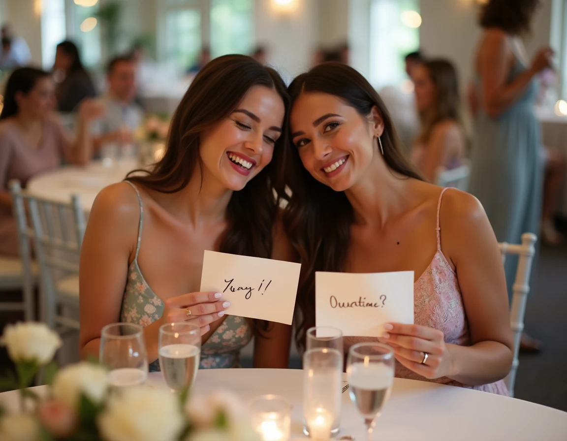 Deux invitées de mariage riant ensemble en tenant des cartes de quiz pour un jeu d'animation lors du repas de mariage