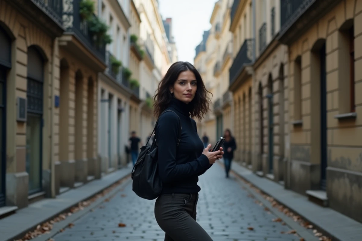 Femme journaliste marchant discrètement dans une rue parisienne, symbolisant la protection de la vie privée