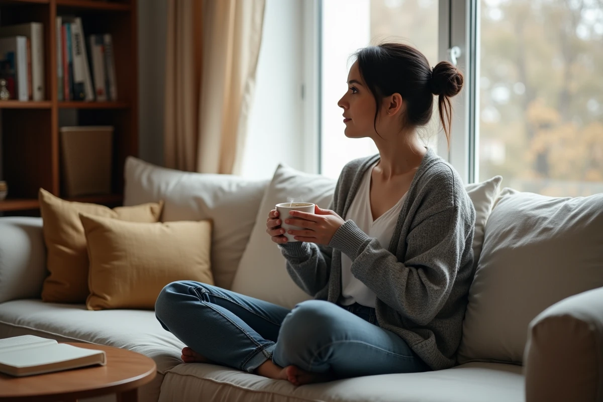 Femme journaliste pensive chez elle avec une tasse de thé, évoquant l'intimité et la protection de la vie privée