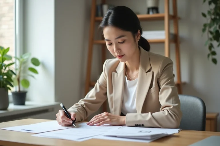 Journaliste femme en blazer beige travaillant à son bureau à domicile, illustrant la préservation de la vie privée