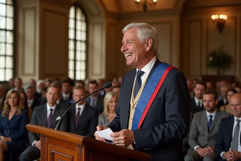 Maire en écharpe tricolore prononçant un discours lors d'une cérémonie de mariage dans une mairie française