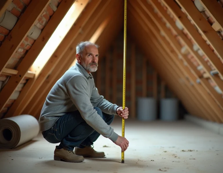 Homme mesurant la hauteur sous plafond d'un grenier non aménagé avec des chevrons en bois brut, illustrant l'évaluation fiscale d'un comble pour la taxe foncière