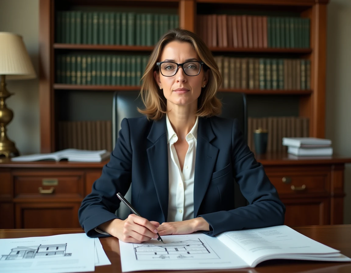 Notaire analysant des documents officiels de taxe foncière incluant le plan d'un grenier aménageable dans un bureau juridique traditionnel