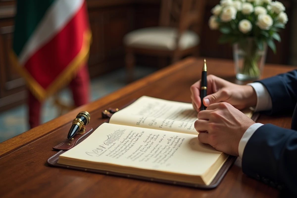 Détail des notes manuscrites du discours de maire posées sur un bureau de mairie avec l'écharpe tricolore