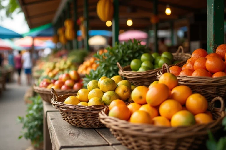 Étal de marché tropical avec fruits frais dans des paniers en osier évoquant les origines artisanales des jus Jafaden