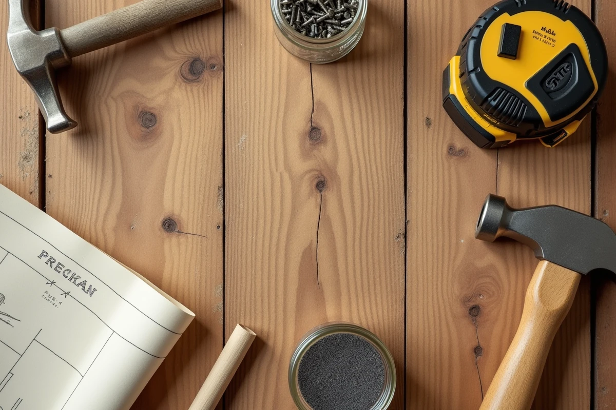 Vue de dessus d'outils de bricolage organisés sur un établi en bois, incluant marteau, mètre ruban et vis