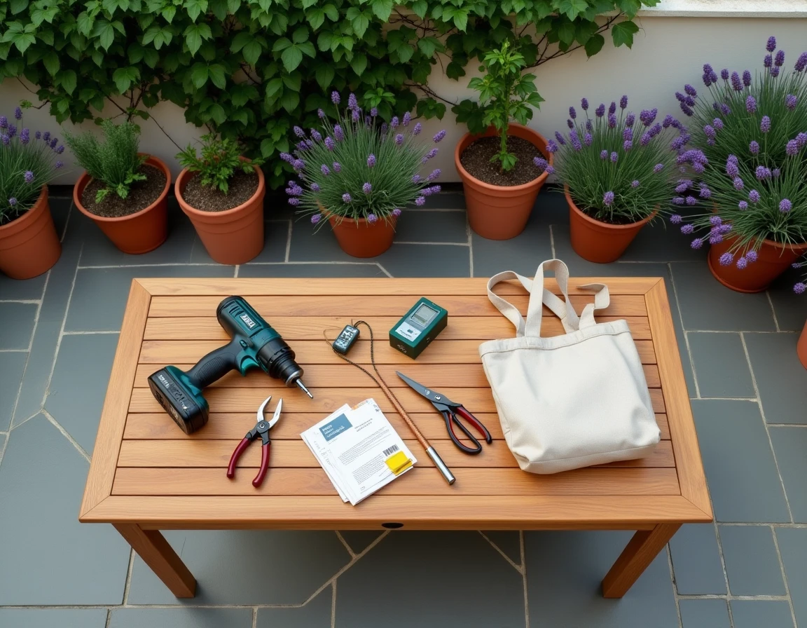 Sélection d'outils et d'équipements de maison et jardin disposés sur une table en teck sur une terrasse en pierre