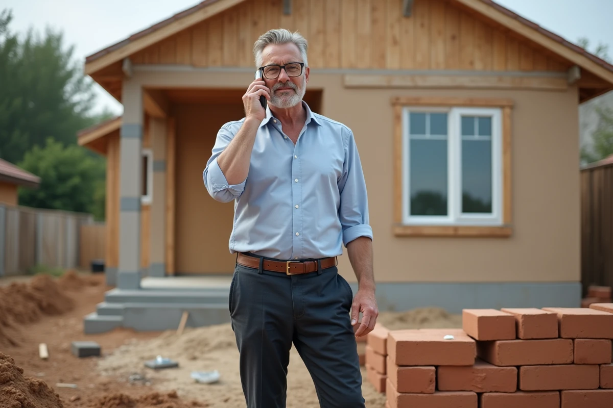 Homme de chantier parlant au téléphone sur site de construction