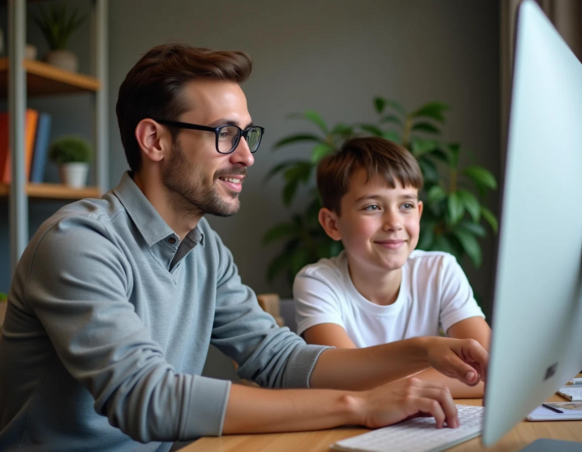 Parent aidant son adolescent à envoyer un fichier sur Pronote depuis un bureau à domicile