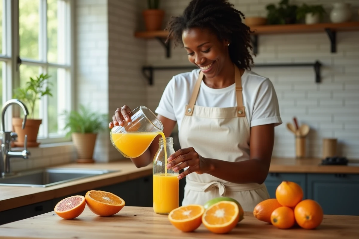 Femme artisan versant du jus de fruits frais dans une bouteille dans une cuisine de production artisanale Jafaden