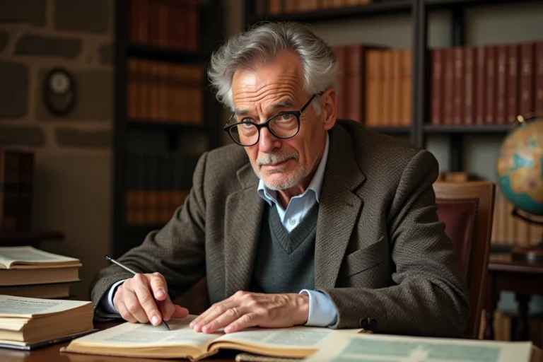Professeur de linguistique consultant un dictionnaire étymologique dans son bureau universitaire pour expliquer l'origine d'un mot du langage courant