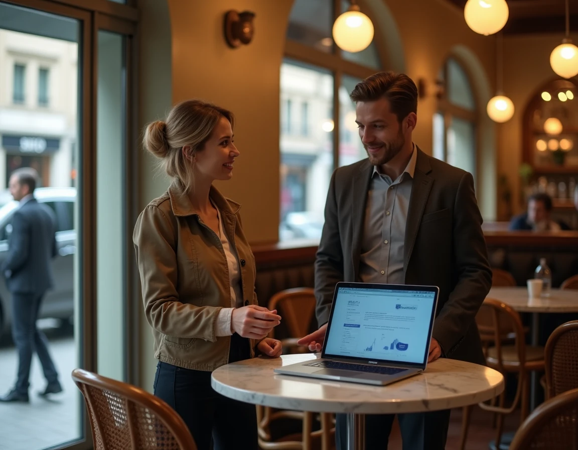 Deux professionnels discutant de l'actualité économique autour d'un ordinateur portable dans un café parisien