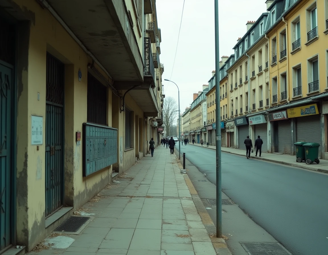 Vue de rue d'un quartier dégradé à Colombes avec immeubles vétustes et commerces fermés, zone à surveiller pour l'investissement immobilier