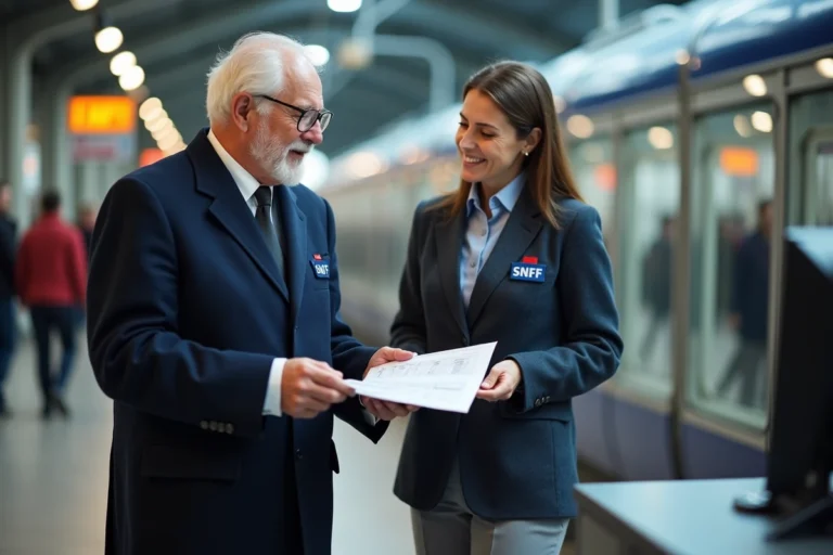 Retraité SNCF présentant ses documents de démarche administrative au guichet d'une gare pour obtenir ses facilités de circulation