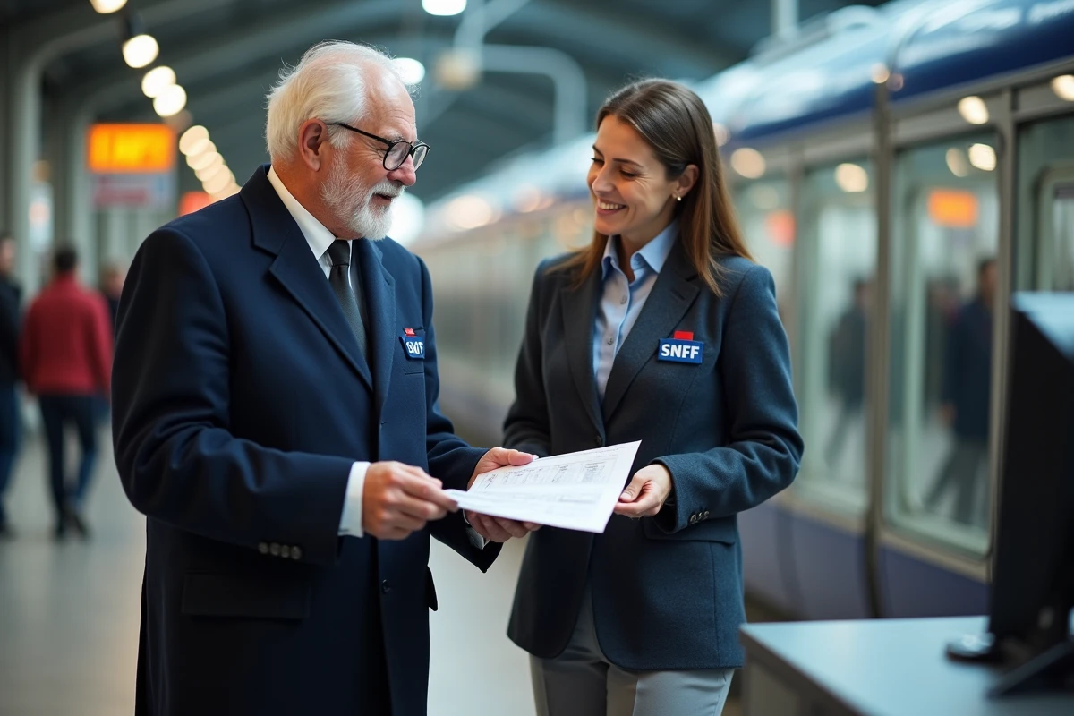 Retraité SNCF présentant ses documents de démarche administrative au guichet d'une gare pour obtenir ses facilités de circulation