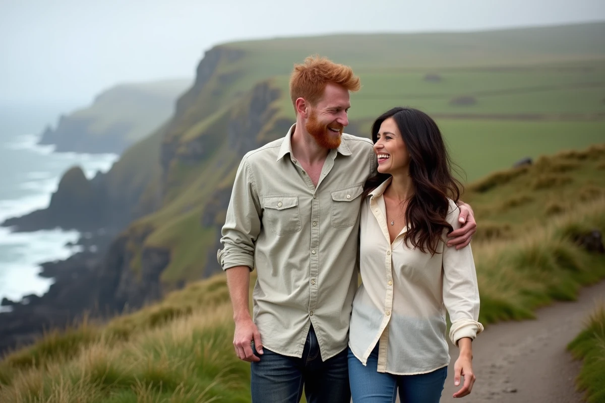 Couple se promenant sur un sentier côtier écossais, évoquant la vie amoureuse et la compagne de Sam Heughan