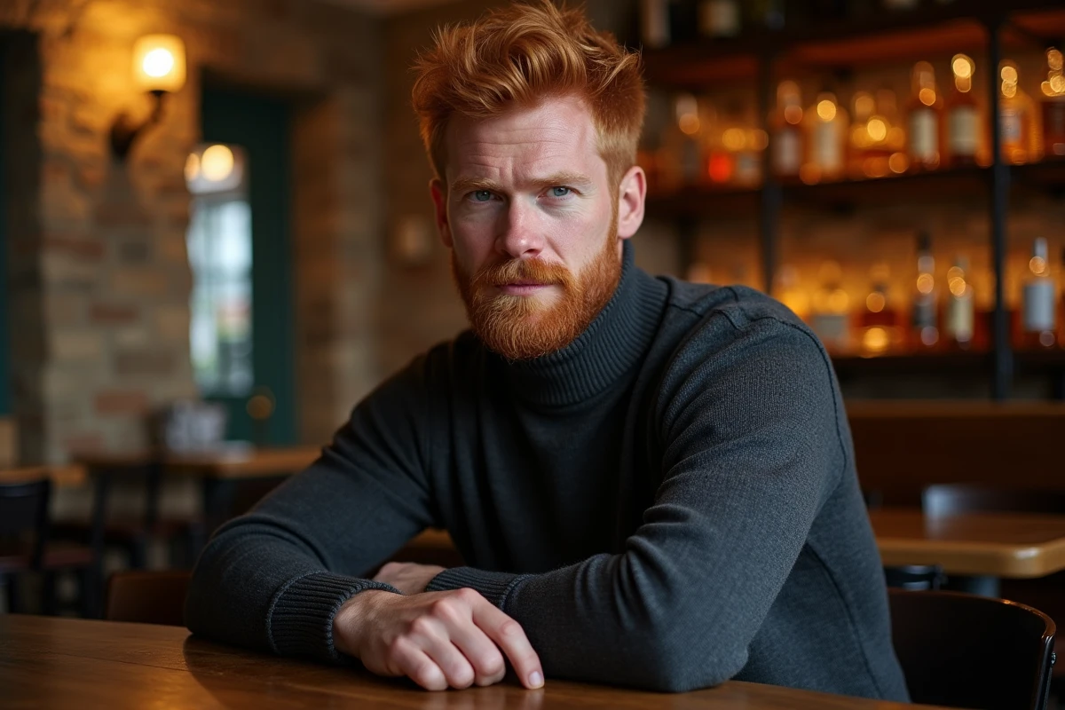 Portrait intimiste d'un acteur écossais dans un pub traditionnel, illustrant la personnalité et la vie privée de Sam Heughan