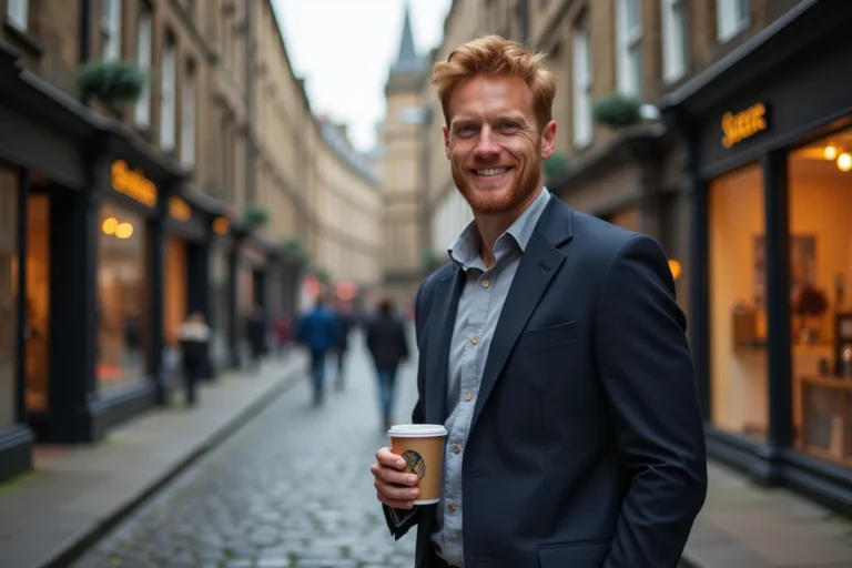 Portrait d'un acteur écossais élégant dans les rues pavées d'Édimbourg, illustrant la vie privée de Sam Heughan