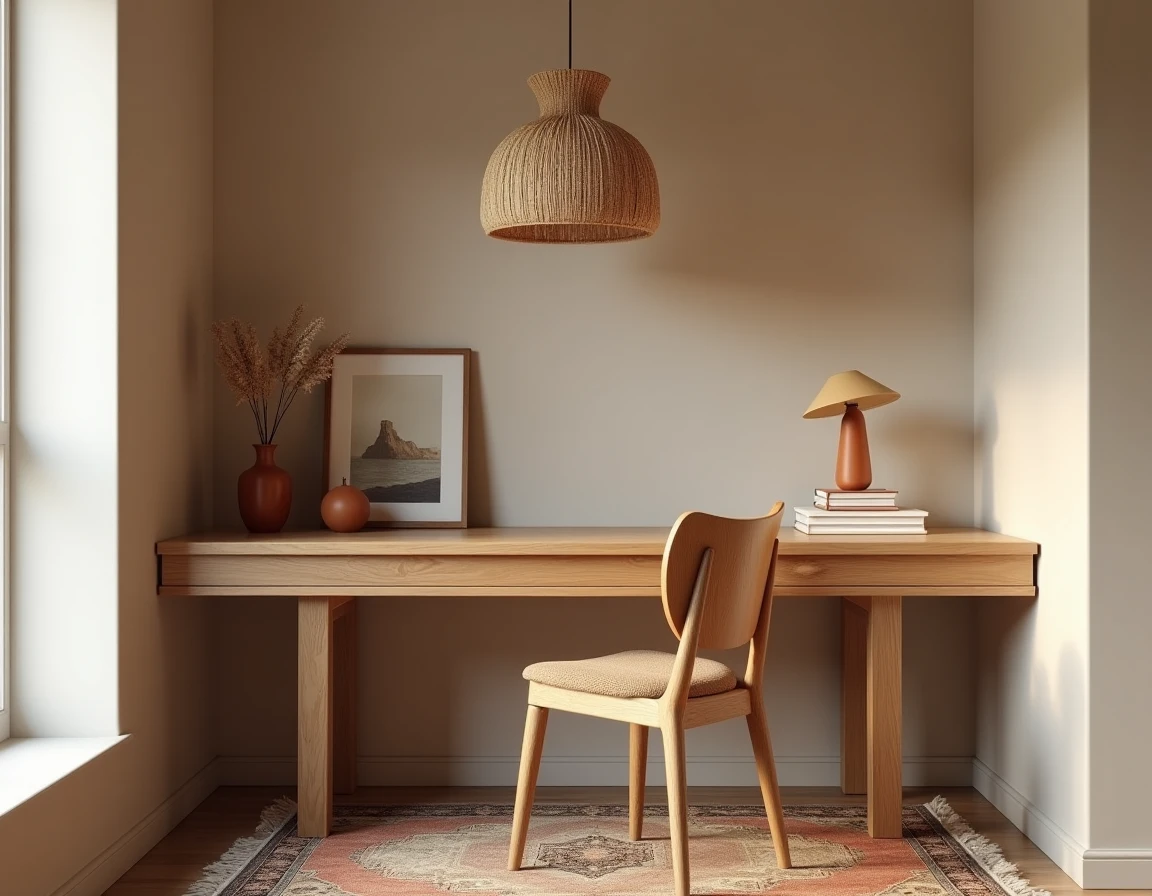 Bureau à domicile dans une alcôve avec bureau en frêne côtelé, lampe terracotta, livres de design et tapis persan dans un appartement aux murs en chaux