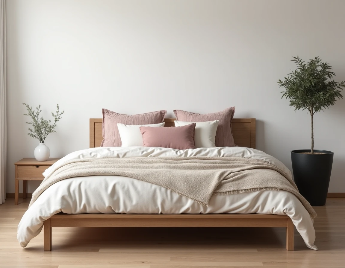 Chambre scandinave minimaliste avec cadre de lit en chêne, jeté en tricot ivoire et plante d'olivier en pot noir mat