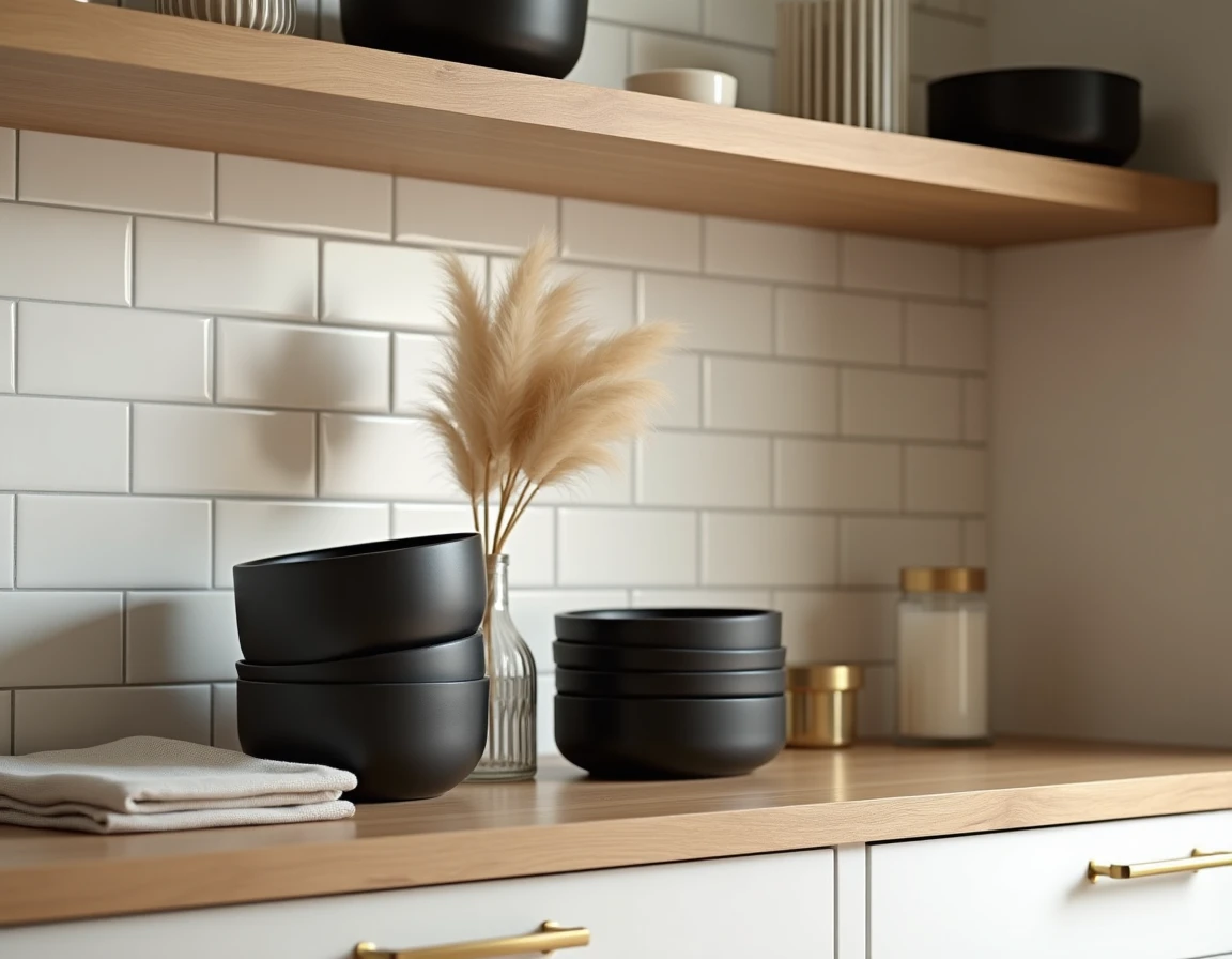 Étagère cuisine contemporaine avec bols en grès noir mat, vase en verre côtelé avec herbes de pampas séchées et accessoires en laiton brossé
