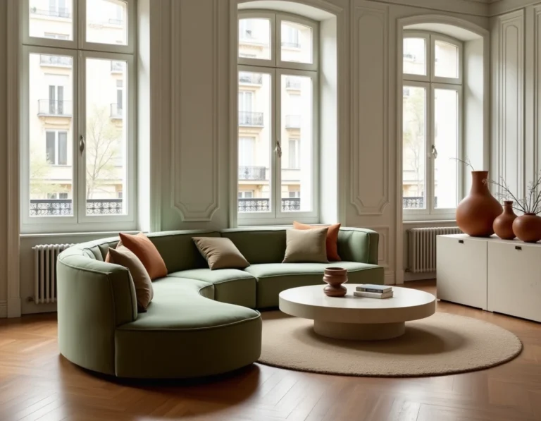 Salon moderne avec canapé velours vert sauge, table basse en travertin et vases en céramique terracotta dans un appartement haussmannien