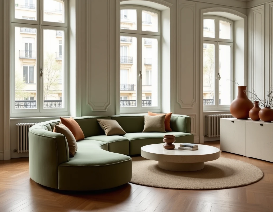 Salon moderne avec canapé velours vert sauge, table basse en travertin et vases en céramique terracotta dans un appartement haussmannien